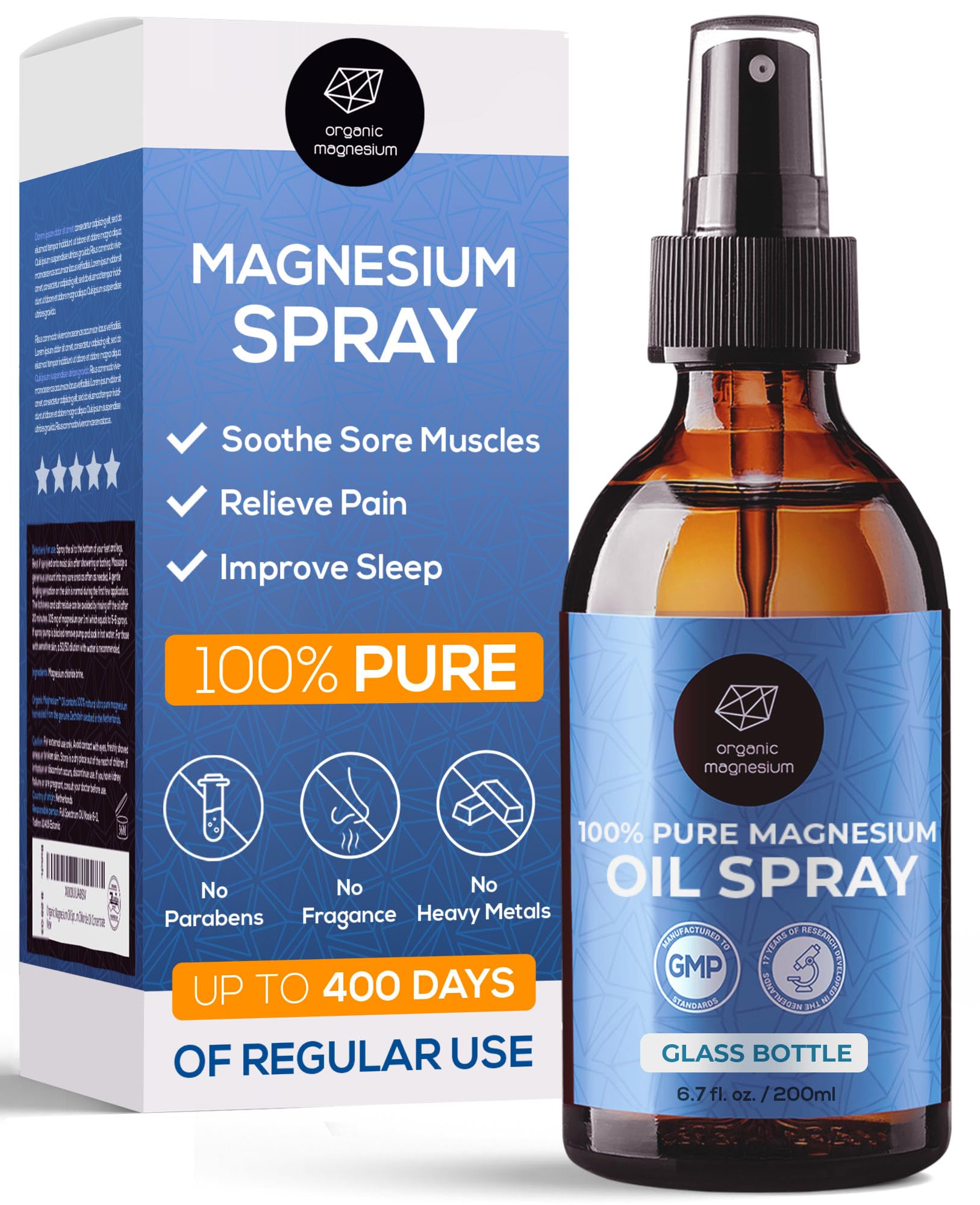 Magnesium Spray for Restless Legs, Muscle Cramps, Joints & Sleep – Topical Magnesium Oil for Feet & Body – Zechstein Source – 100% Natural & Ultra Pure – 200ml Glass Bottle