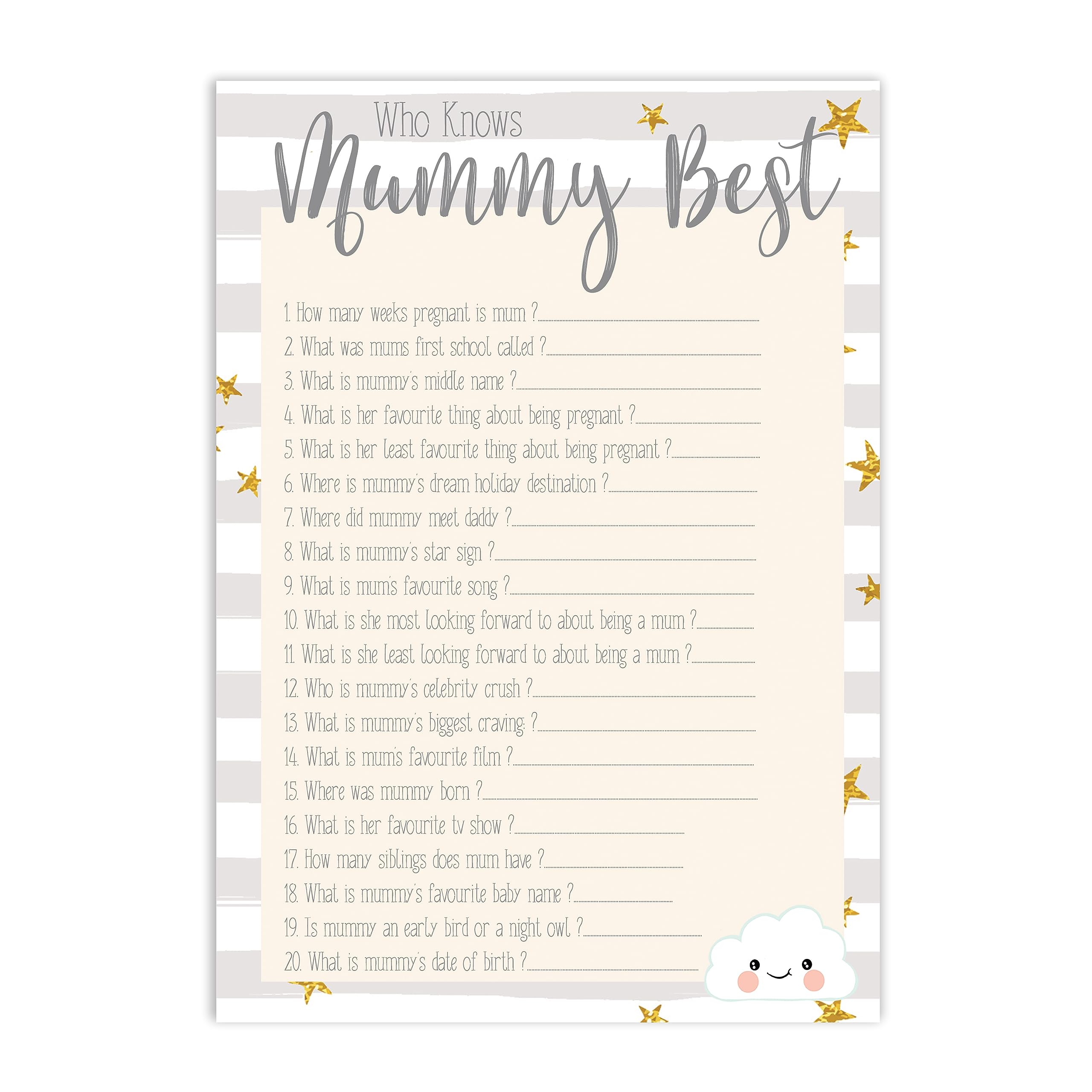 The Little Party Company Baby Shower Game - Who Knows Mummy Best - 10 Sheets Cloud Design (BSCWKMB)