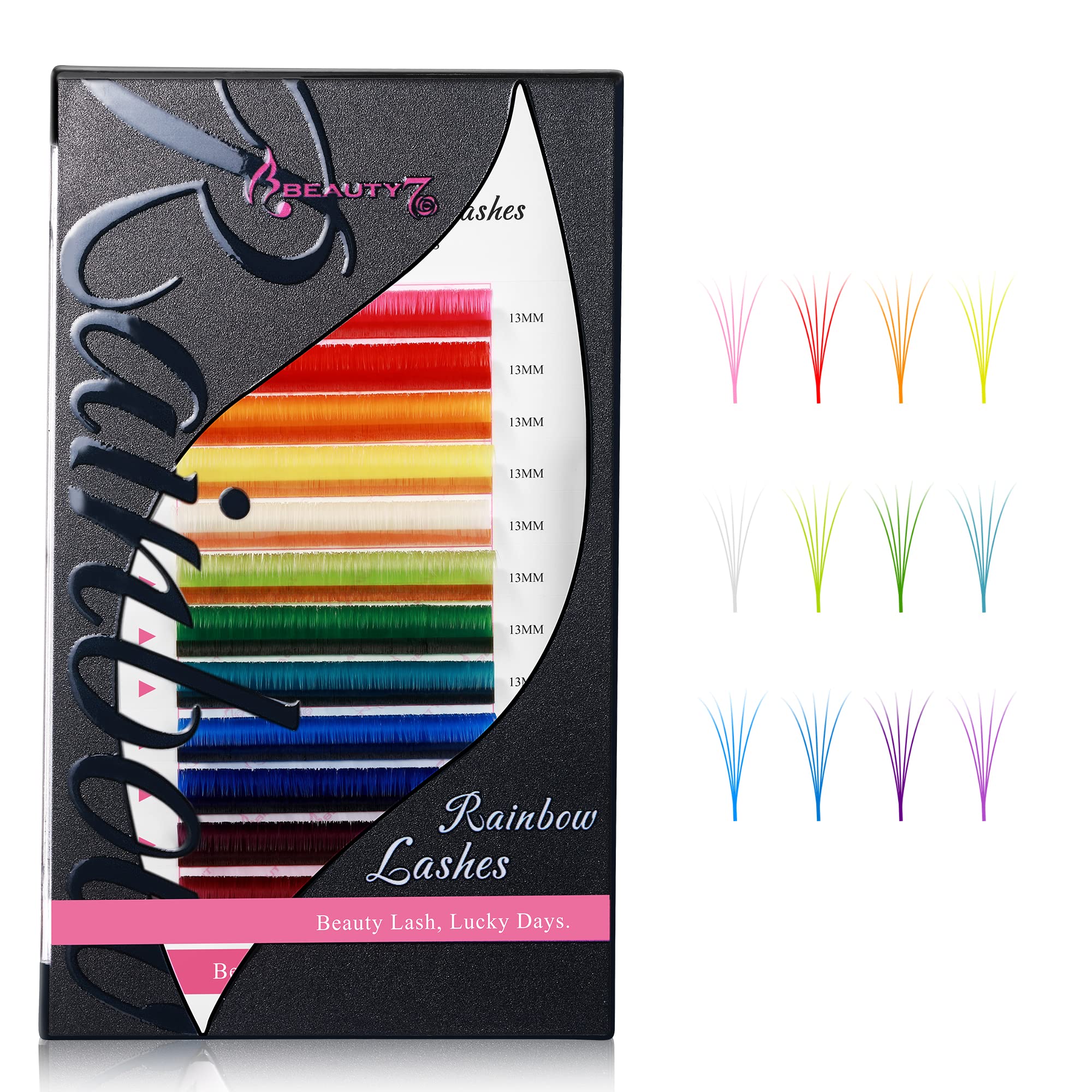 DIY Colored Lash Extensions 12 Colors, Easy Fan 0.05mm D+ Curl 15mm Rainbow Eyelash,Pink Red Yellow White Green Blue Purple Faux Mink Volume Eyelashes for Home and Salon Use Beauty7