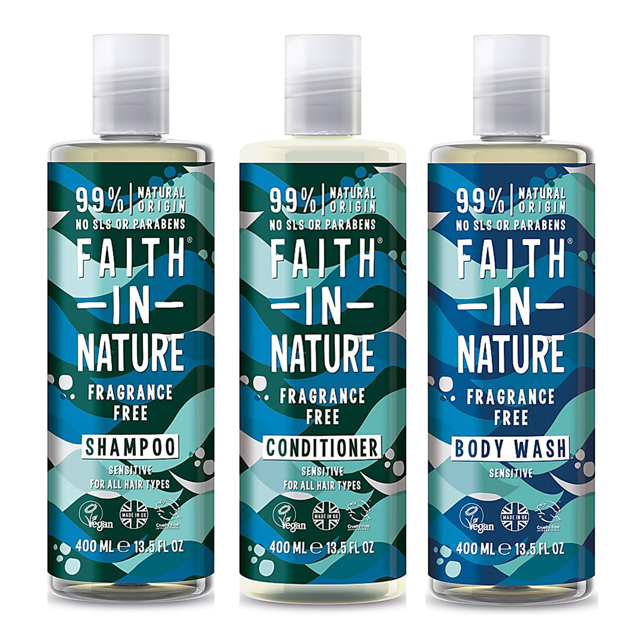 Faith In Nature Fragrance Free Shampoo, Conditioner & Body Wash Trio | Vegan | Cruelty Free | 99% Natural Fragrance | Free From SLS or Parabens|shampoo and conditioner|unscented shower gel