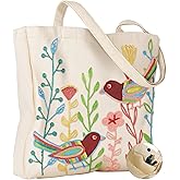 Miss Adola Embroidery Tote Bag with Pocket & Buckle - Reusable Canvas Tote for Women Cute Aesthetic Work Shopping Grocery Bag