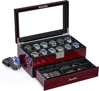 Uhrenbox 12 Fächern für Herren,2 Ebenen Uhrenkasten mit Glasdeckel