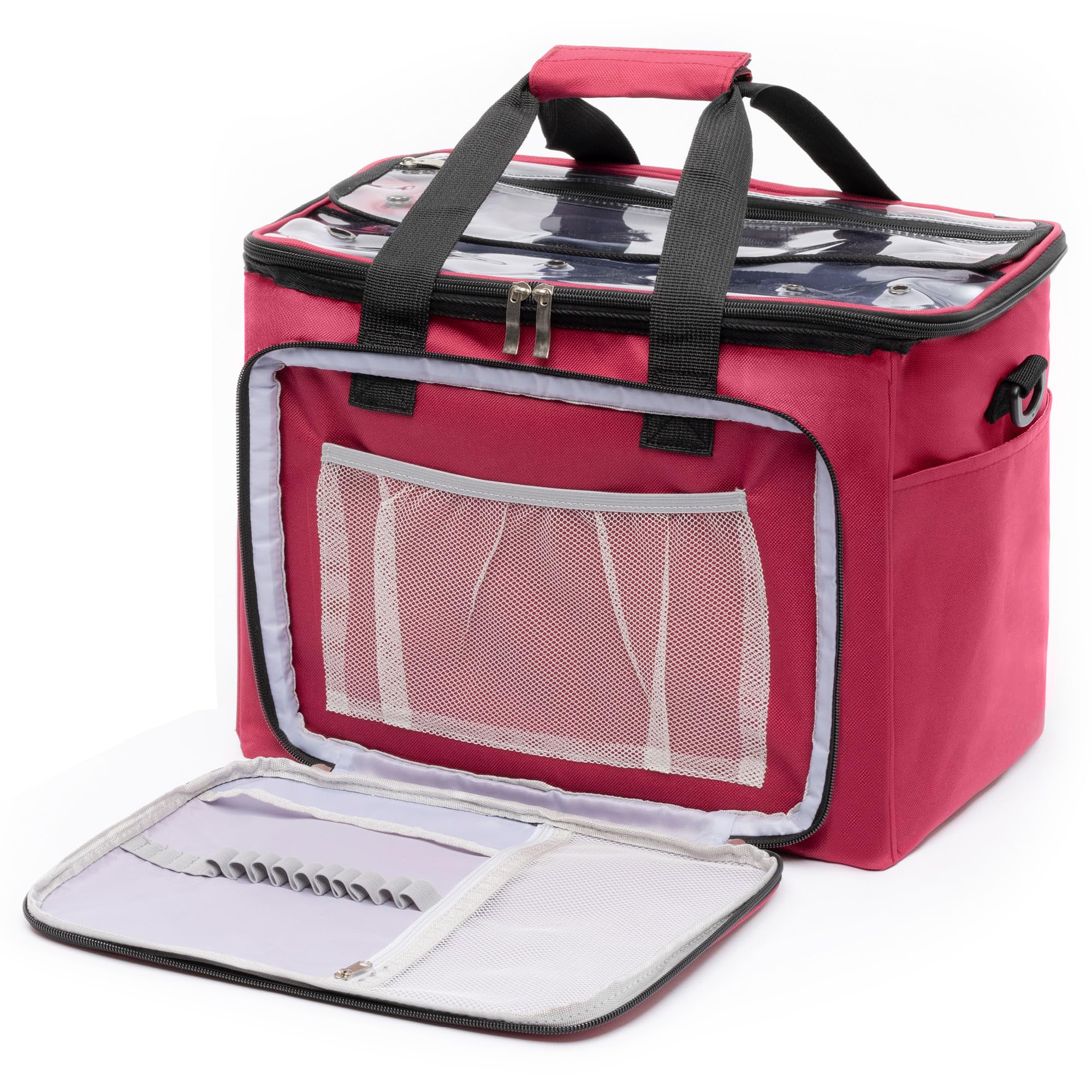 FiNeWaY Knitting Bag - Heavy Duty Wool Crochet Bag, Premium Yarn Crochet Storage Bag Organiser Wool Holder with Clear PVC Lid, Shoulder Strap & Compartments - Portable Knitting Storage Bag (Maroon)