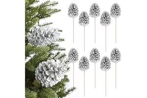 Halloscume 10 Pcs Large Silver Christmas Pine Cones Picks for Christmas Tree 11 Inch Glitter Natural Pinecone Floral Picks for Garland Wreath Ornament Xmas Tree Floral Arrangement DIY Craft