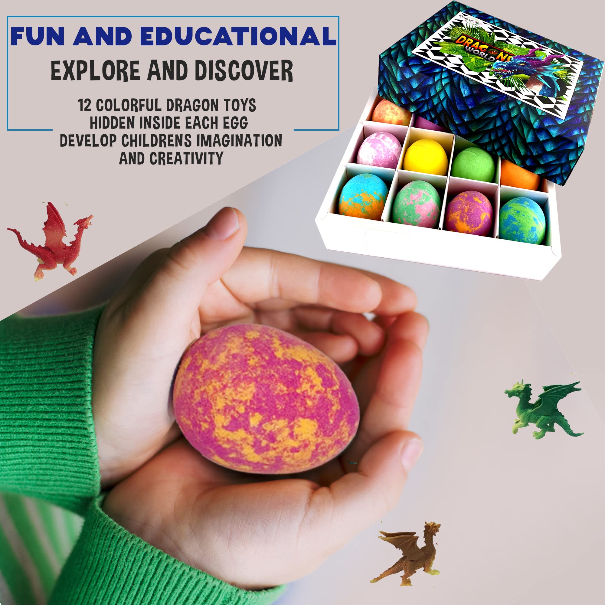 Bath Bombs for Kids with Surprise Inside - 12 Organic Bubble Bath Fizzies with Dragon Egg Toys. Gentle & Kids Friendly w/Rich Bubbles & Rainbow Colors, Birthday Gifts for Boys, Girls