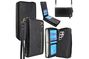 Lacass Wallet for Samsung Galaxy S24 Ultra 6.8 inch 2024, Crossbody Dual Zipper Detachable Magnetic Leather Wallet Case Cover Wristlets Wrist Strap 13 Card Slots Money Pocket (Black)