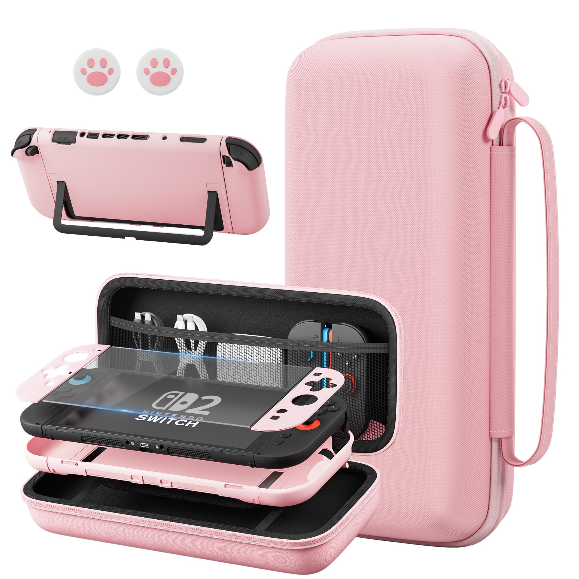 FANPL Pink Case Bundle for Nintendo Switch 2 (2025) Accessories, Portable Hard Carrying Cover with Protective Skin , Screen Protector, 2 Thumb Grips