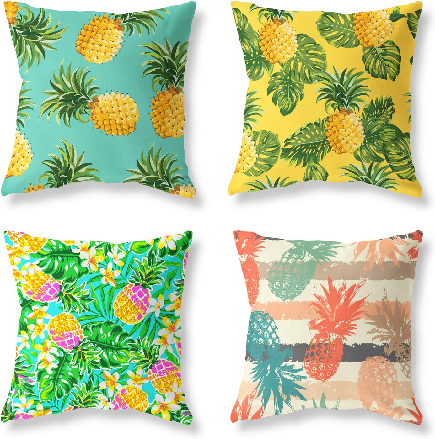 LuckyCow Throw Pillow Covers 18x18 Inch Set of 4 - Cotton Linen Blue Yellow Pink Green Pineapple Game Pillow Covers, Decorative Pillowcase for Home Sofa Bedding Couch Outdoor Cushion Covers.