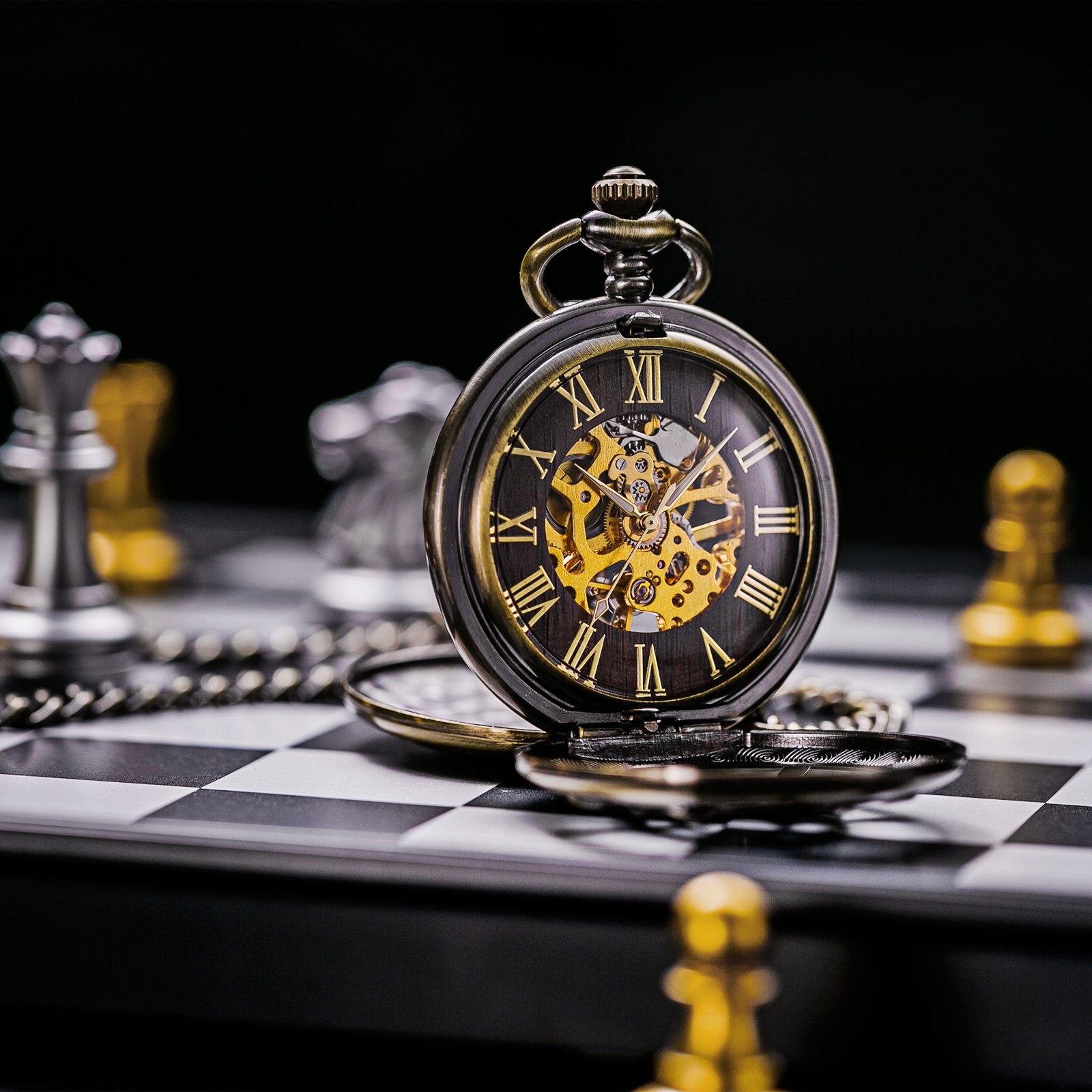 TREEWETO Bronze Rudder Pocket Watch Double Cover Roman Numerals Dial Skeleton Man Women Pocket Watches for Men