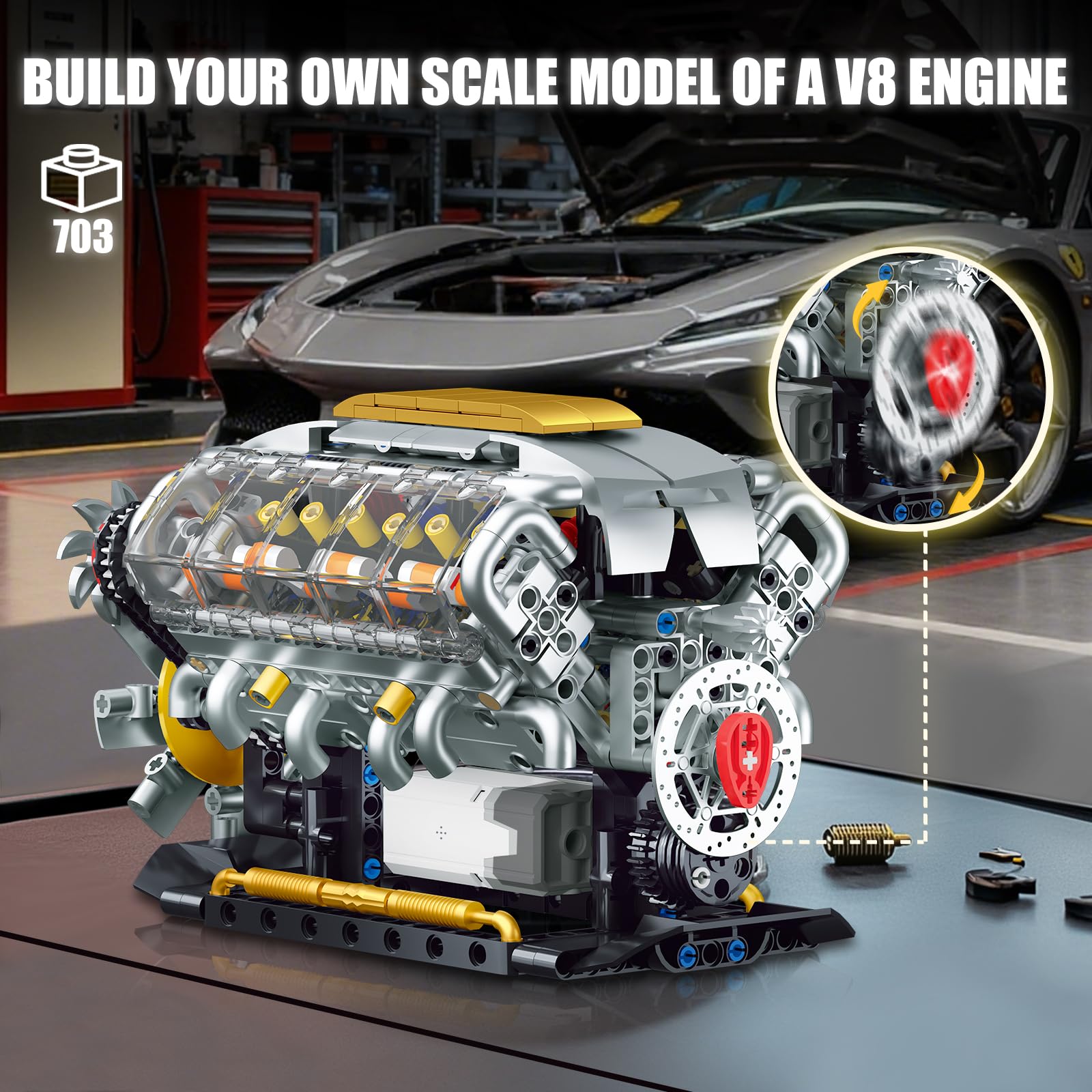 Technik V8 Motor Bausatz Modell Klemmbausteine, Ideas Mini V8 Eigene Modellbausatz für Erwachsene, Kompatibel mit Lego Set, STEM Spielzeug Geschenk für Auto Fans und Jungen ab 14 Jahren (703 Teile) 5