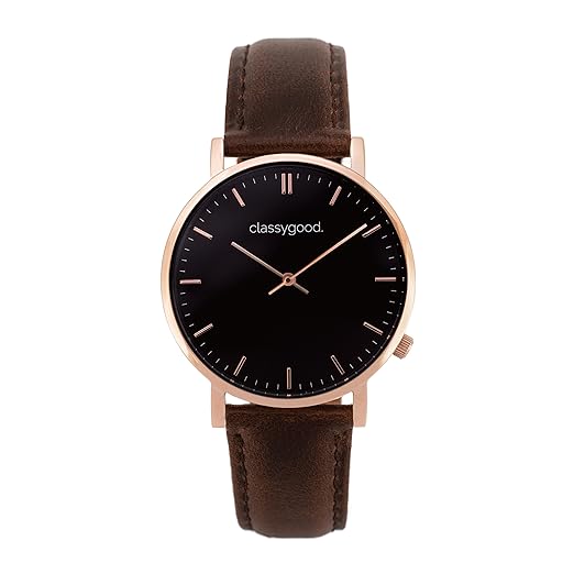 classygood. „Classic“ Damen/Herren Uhr Analog Quarzuhrwerk mit Leder Armband braun roségold Zifferblatt schwarz