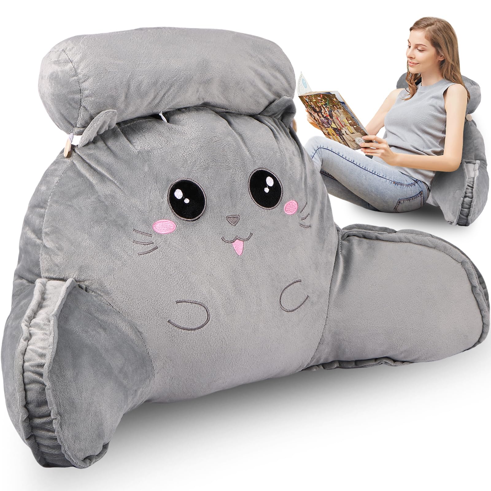 Jetcloud Bed Reading Pillow Comfortable Backrest Cushion 70x43cm Detachable Relax Pillow Cuddle Arm Back Pillow Lumbar Support Cushion Washable Cover for Sitting Reading Watching TV Games(grey)