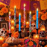 Honoson 6 Pcs Dia De Los Muertos Flameless Taper Candles, Battery Operated | Day of Dead Sugar Skull Candles, 10.6 Inch LED Candlesticks for Dia De Los Muertos Ofrenda Halloween Dinner Table Altar Decor