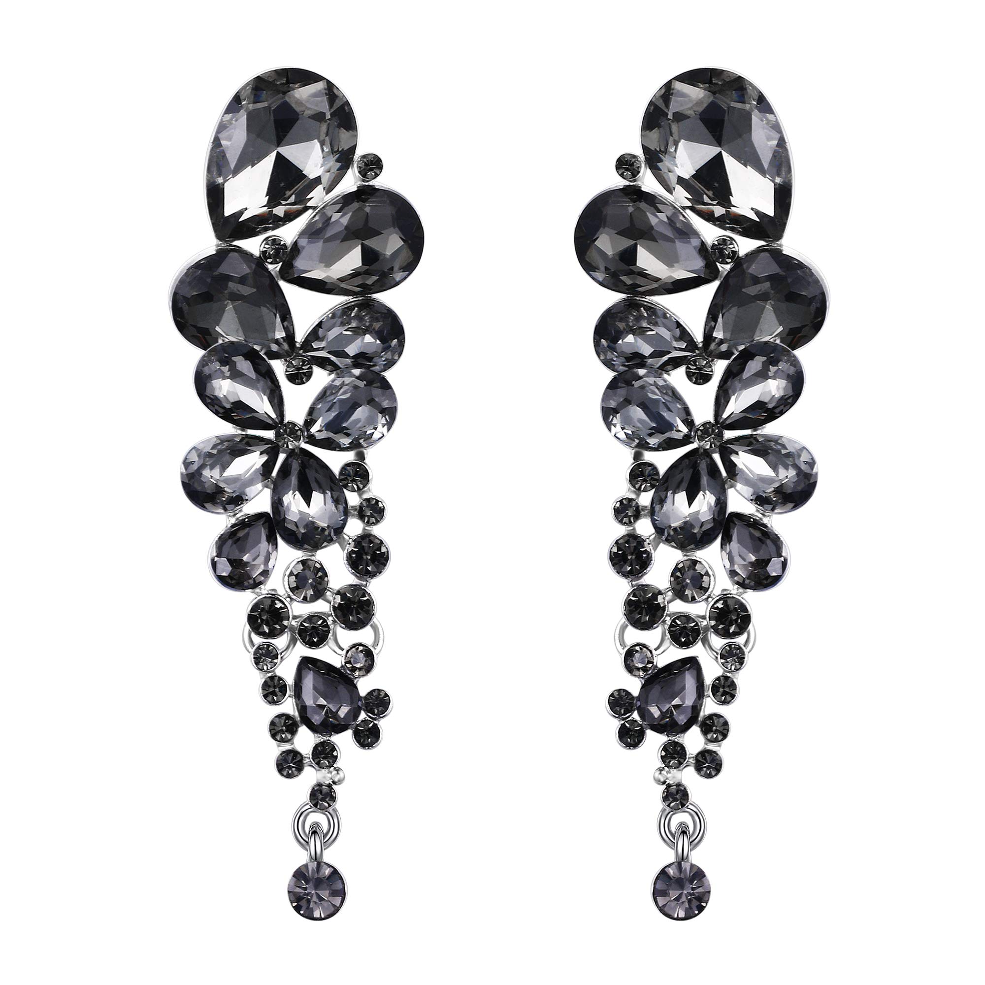 EVER FAITH Grey Clip-on Earrings for Women, Sparkly Rhinestone Crystal Teardrop Clip Earring Non Piercing Earring for Non Pierced Ears Wedding Jewellery for Brides Bridesmaid Silver-Tone