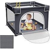 Grobeybees Small Baby Playpen with Mat, 36"x36" Play Pen, Playpen for Babies and Toddlers, Baby Playard, Indoor & Outdoor Play Pen, Sturdy Safety Play Yard with Soft Breathable Mesh (Grey)