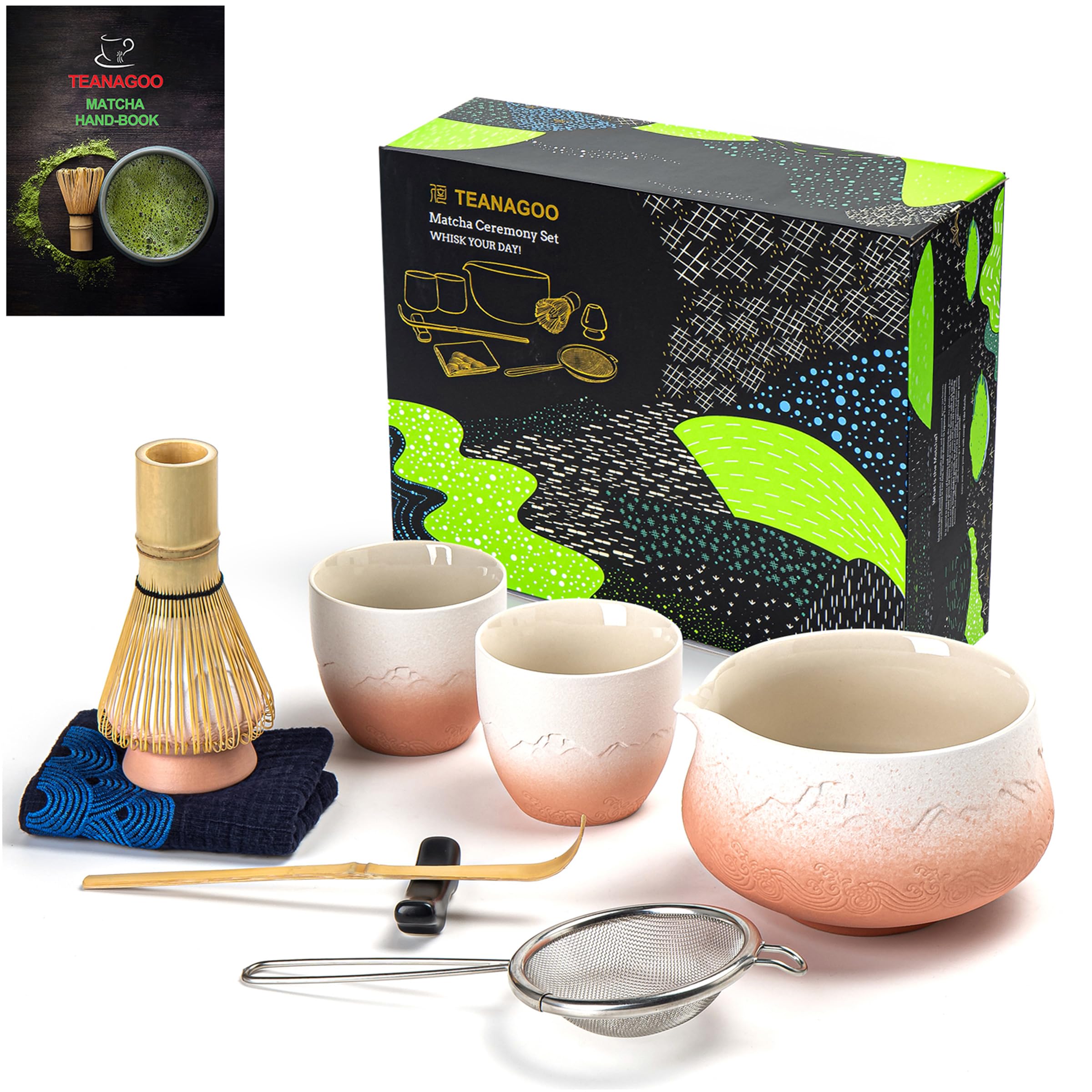 TEANAGOO Matcha Set Matcha Whisk Matcha Bowl with Pouring Spout Scoop Matcha Whisk Holder Tea Making Kit. Japanese Tea Set (7pcs) + 2Cups(5.6oz),S35,Orange Giadient White,Color Box Packing…