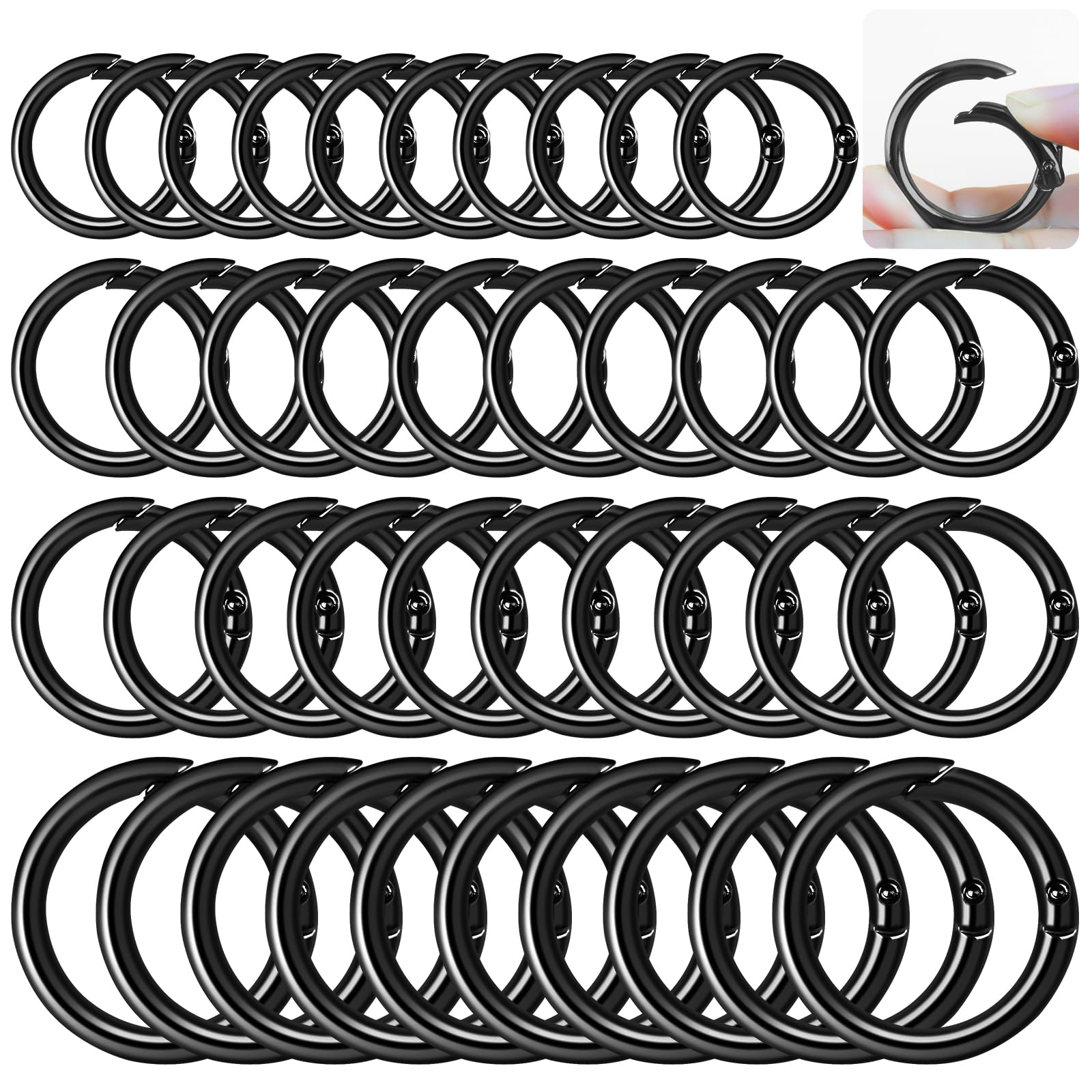 HavaCue 40PCS Spring O Rings 4 Sizes Round Carabiner Snap Clip,20/24/27/33mm Round Spring Snap Clip Hooks,Silver O Rings Metal for Bags Wallets DIY Craft (Black)