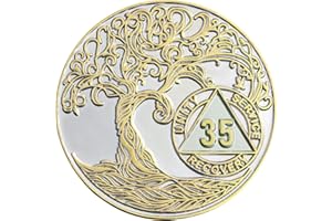 35 Year XL 40mm Nickel & Gold Plated AA Coin - Sobriety Mint Twisted Tree of Life Recovery Medallion/Chip - Silver/Gold