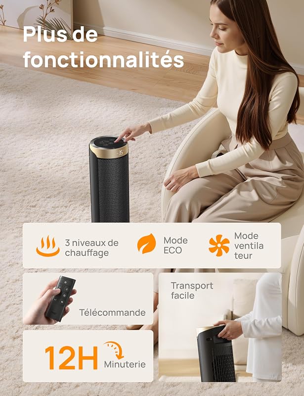 Chauffage d'appoint, électrique, céramique, PTC1800 W, Télécommande, Protection anti-basculement et anti surchauffe, Minuterie 1-12 h, 70° Oscillation, Solaris Slim H3
