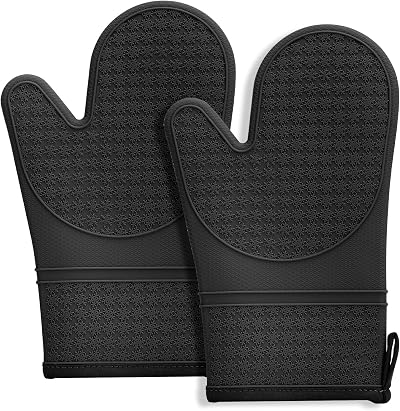 MEETOZ Silicone Oven Mitts 2-Pack Heat Resistant 600F Non-Slip Grip Black