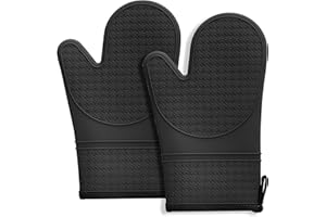 Hovico Silicone Oven Mitts, Oven Gloves with Non-Slip Waterproof - 2PCS Black Oven Mittens Heat Resistant 600 Degree, Soft Lining Silicone Oven Mits for Cooking Baking Kitchen Mitten