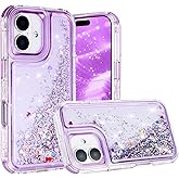 Tikoo Designed for iPhone 16 Case Glitter for Women Girl Clear 3-in-1 Heavy Duty Protective Phone Cover with Floating Liquid Quicksand Bling Sparkly Cute Case for iPhone 16 6.1” (Purple)