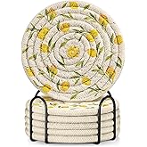 Kokaaee Drink Coasters Set of 6 - Cup Absorbent Coasters for Drinks Coffee Table Home Office Desk Decor Soft Woven Cotton Cloth Braided Fabric Drinking Cup Mat with Holder Cute Lemon