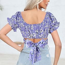 COOUFE Women's Crop Tops Ruffle Short Sleeve Tie