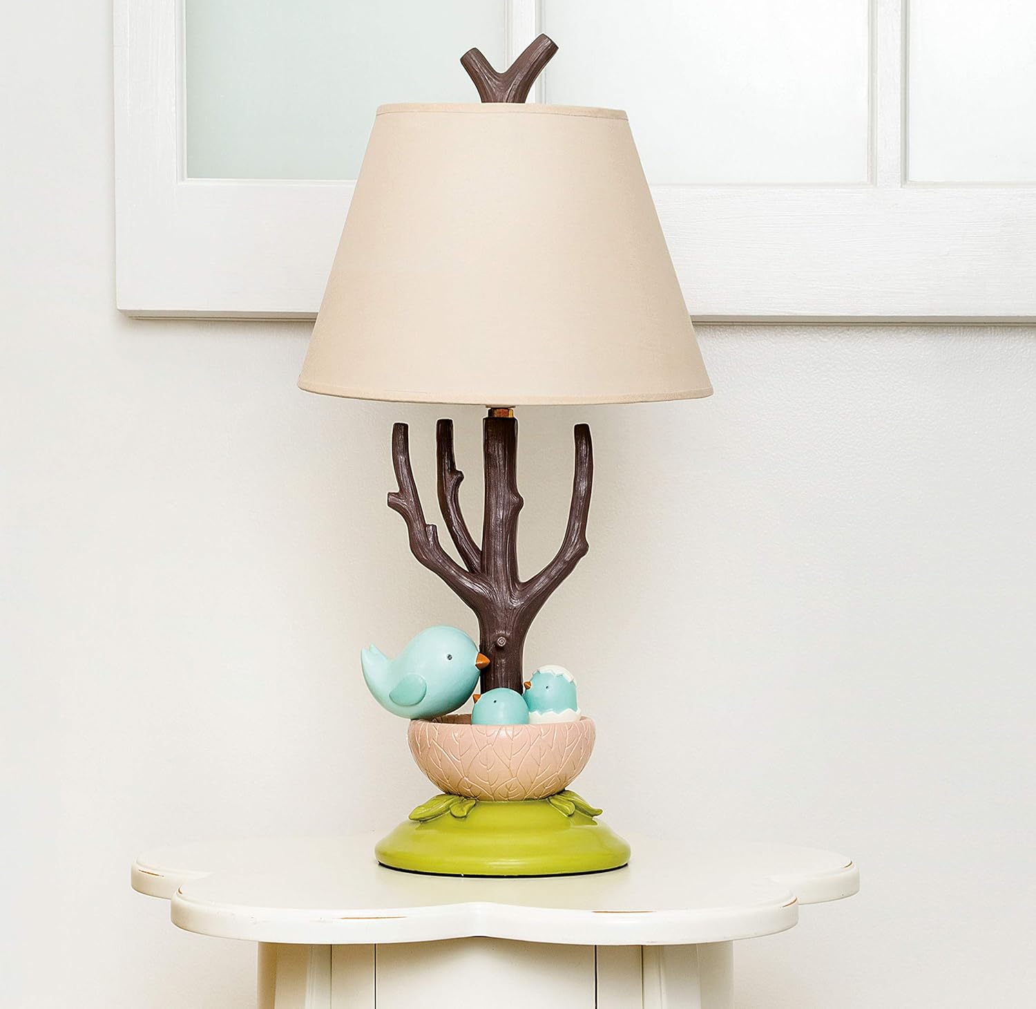 Nurture Nest Baby Lamp with Bird Nest Including Fabric Shade and Light Bulb (Tan/Ivory/Neutral)