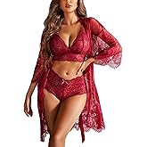Avidlove Women Sexy Lingerie Set 3 Piece Bra and Panty Sets with Lace Kimono Robe Sleepwear Mesh Nightgown