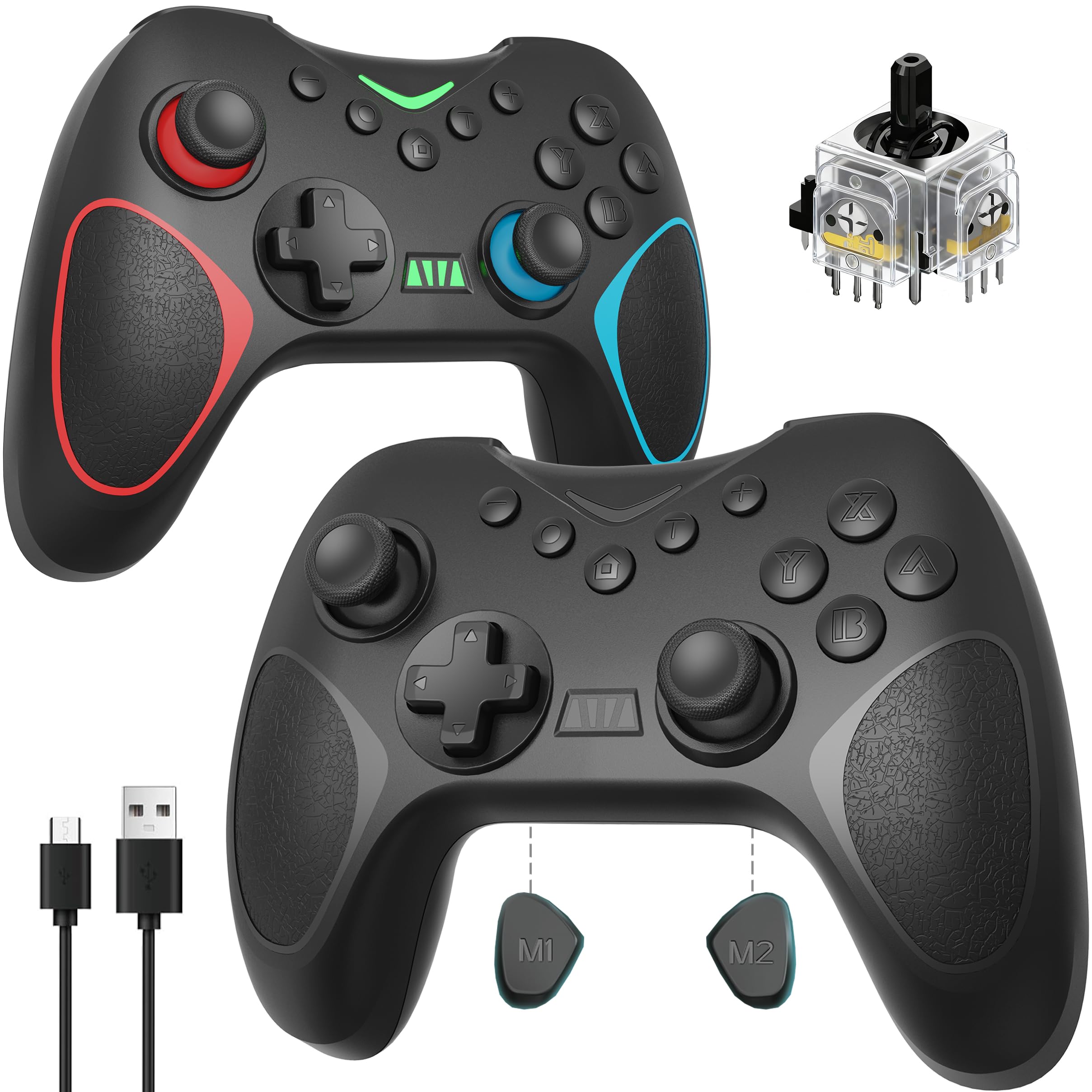 Playnex 2 Pack Wireless Controller for Nintendo Switch/Switch 2/Lite/OLED/PC with Hall Effect Joystick, RGB Light Wake-Up, Turbo, Dual Vibration, Programmable Buttons