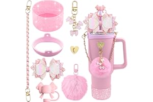 SEMATA Bling Stanley Cup Accessories for 40oz & 30oz Tumbler including Silicone Cute Bow Straw Topper Cover, Silicone Stanley Cup Boot,Leather Water Bottle Handle Strap, Charms(Pink)