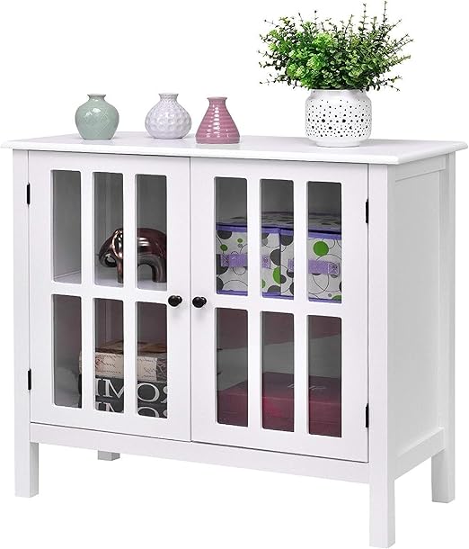 Amazon Com White Wood Sideboard Buffet Cabinet With Glass Panel