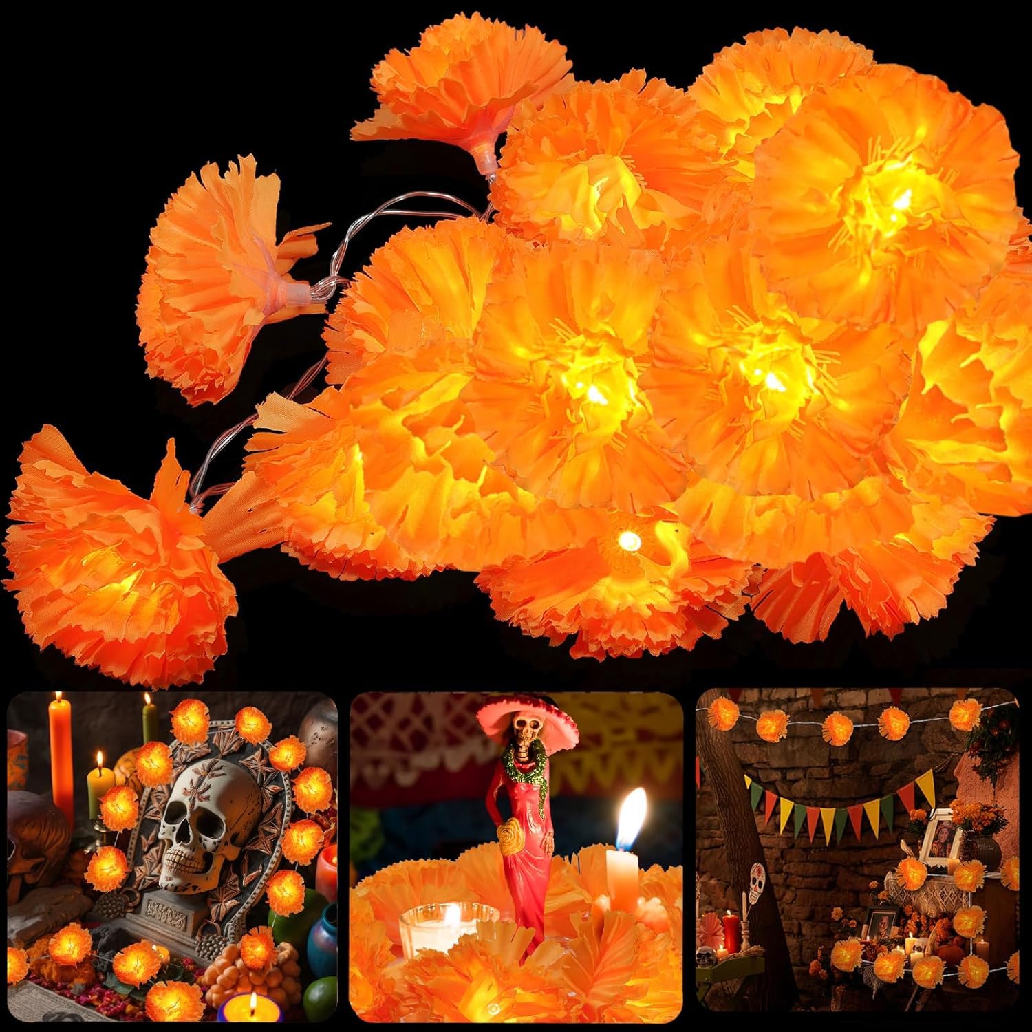 Photo 1 of 1 Pack Lighted Marigold Garland 20 LED Artificial Marigold Flowers String Lights Dia de Los Muertos Day of The Dead Decorations for Halloween Diwali Indian Party (1, 10 Ft 20 LED)