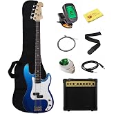 Stedman Beginner Series Bass Guitar Bundle with 15-Watt Amp, Gig Bag, Instrument Cable, Strap, Strings, Picks, and Polishing Cloth - Metallic Blue