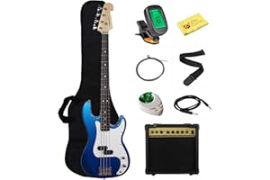 STEDMAN PRO Stedman Beginner Series Bass Guitar Bundle with 15-Watt Amp, Gig Bag, Instrument Cable, Strap, Strings, Picks, and Polishing Cloth - Metallic Blue