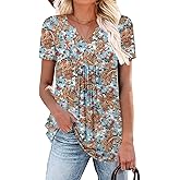 BETTE BOUTIK Womens Short Sleeve Tunics V Neck Button Down Shirts Blouse Tops Pullover S-3XL