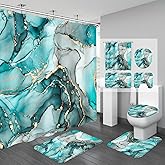 BayNook 4PCS Teal Blue Marble Shower Curtain Sets with Rugs, Gold Abstract Bathroom Sets with Shower Curtain and Rugs, Modern Bathroom Curtains Shower Set with Accessories for Bathroom Decor