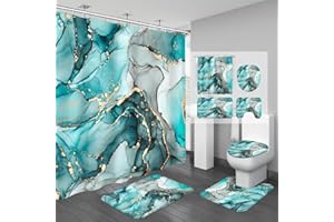 BayNook 4PCS Teal Blue Marble Shower Curtain Sets with Rugs, Gold Abstract Bathroom Sets with Shower Curtain and Rugs, Modern Bathroom Curtains Shower Set with Accessories for Bathroom Decor