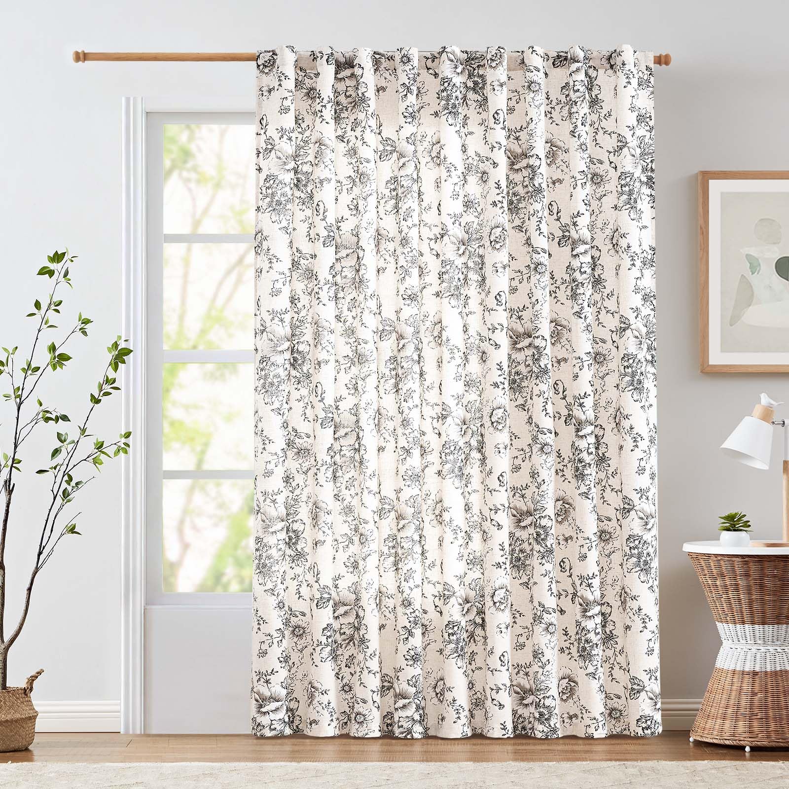 jinchan Linen Floral Curtains Extra Wide for Patio Sliding Glass Door Room Divider Curtain for Living Room 84 Inch Length Farmhouse Peony Black Printed Curtain Set 1 Panel Image jinchan Linen Floral Curtains Extra Wide for Patio Sliding Glass Door Room Divider Curtain for Living Room 84 Inch Length Farmhouse Peony Black Printed Curtain Set 1 Panel Image