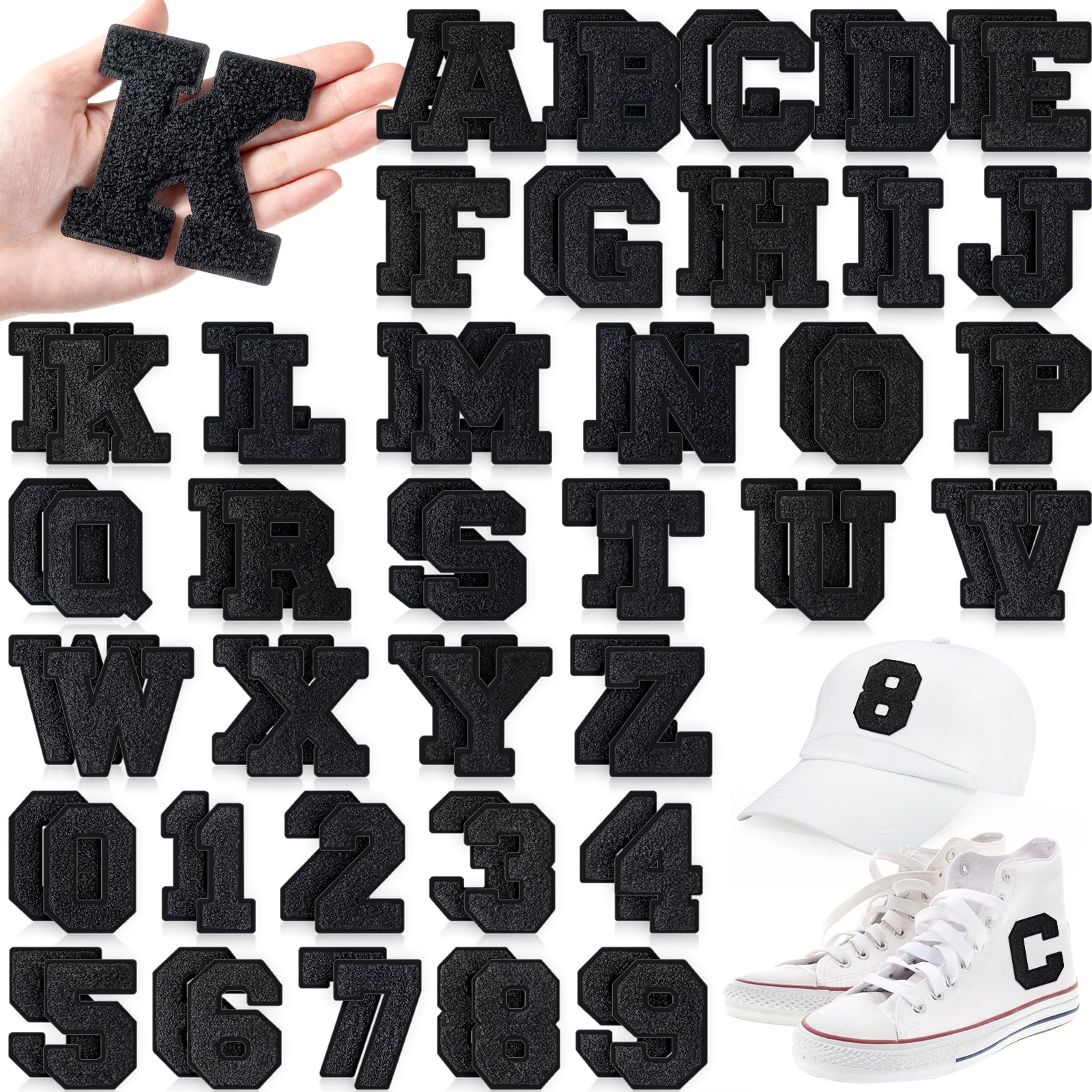Photo 1 of Lyrow 72 Pieces Chenille Letters Patches Iron on 3. 2 H x 2. 2 W Letters and Numbers a to Z Alphabet, Numbers 0 to 9 Embroidery Applique Patch for Clothing Backpacks Hats DIY Supplies(Black)