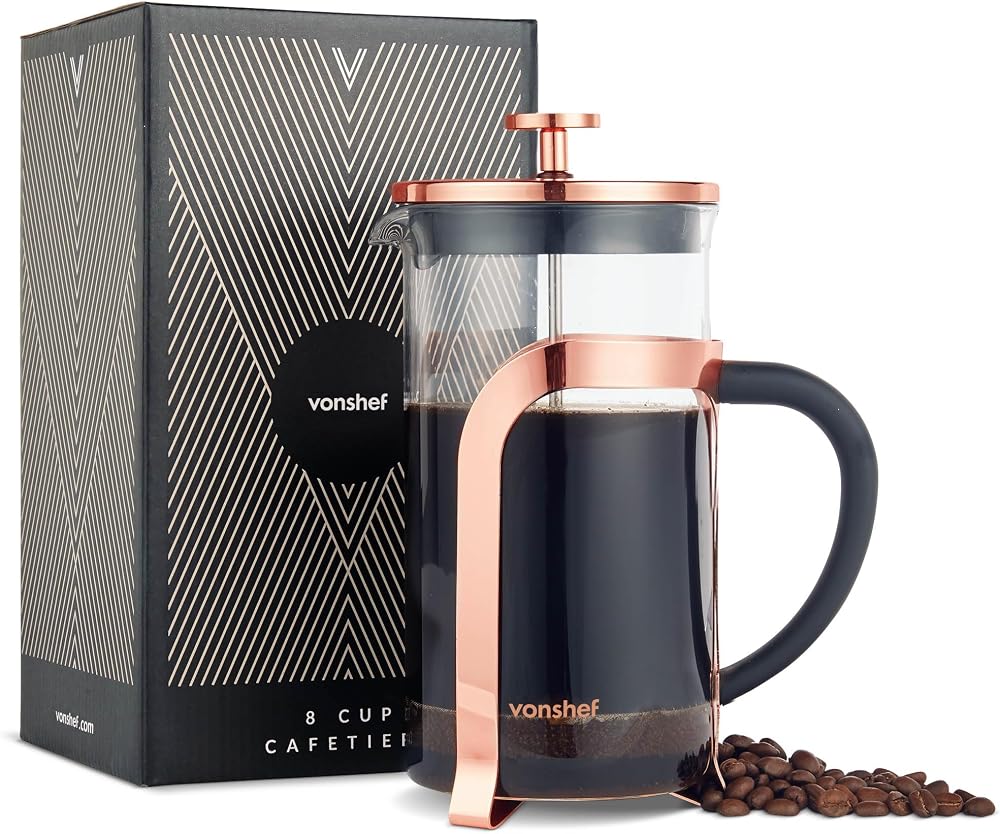VonShef 8 Cup Cafetiere 1L French Press Copper Stainless Steel Heat Resistant