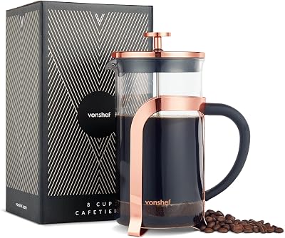 VonShef 8 Cup Cafetiere 1L French Press Copper Stainless Steel Heat Resistant