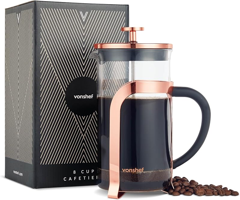 VonShef 8 Cup Cafetiere 1L French Press Copper Stainless Steel Heat Resistant