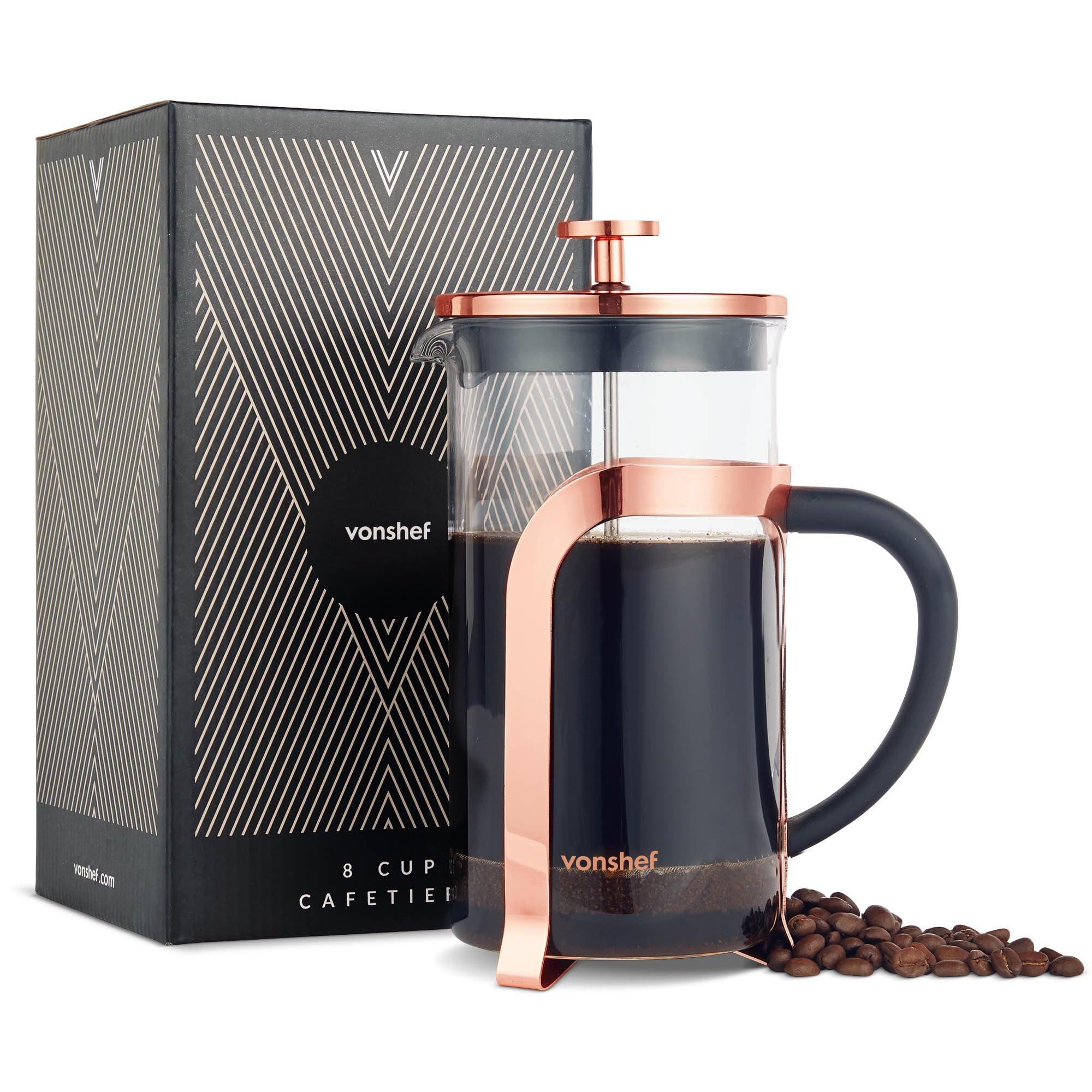 VonShef 8 Cup Cafetiere, 1L French Press, Heat Resistant Borosilicate Glass & Stainless Steel Copper Design, Filter Coffee Maker with Plunger