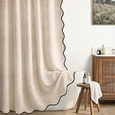 XOGUIBO Scalloped Shower Curtain Linen Boho Beige 72" W x 72" L | Linen Fabric, Black Border, Washable, Heavy Duty Cloth, Sho