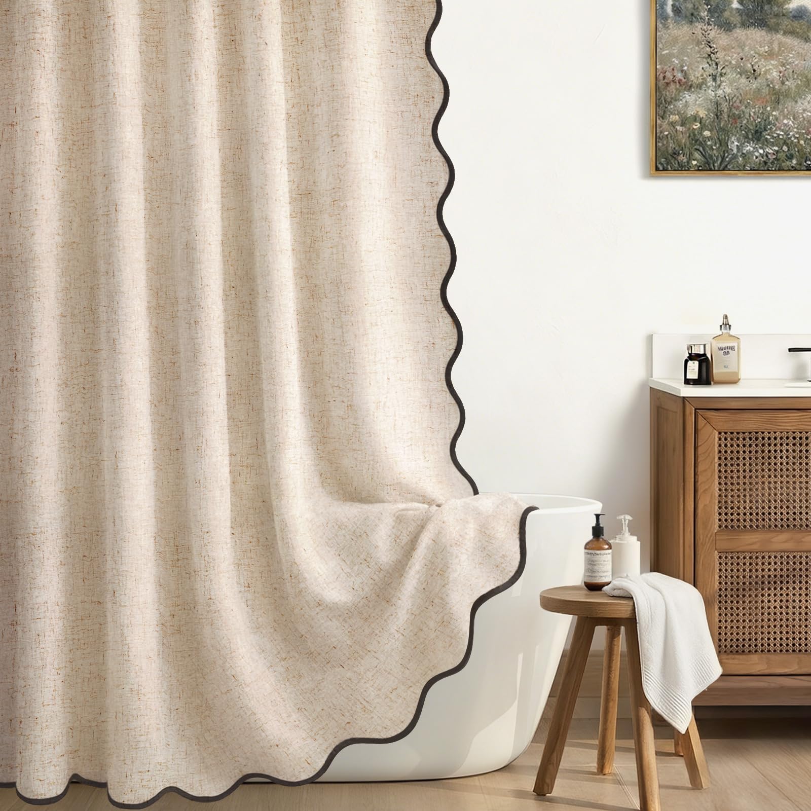 XOGUIBO Linen Shower Curtain Beige Cute Black Scalloped Boho Modern Shower Curtains for Bathroom Set, 72" W x 72" L