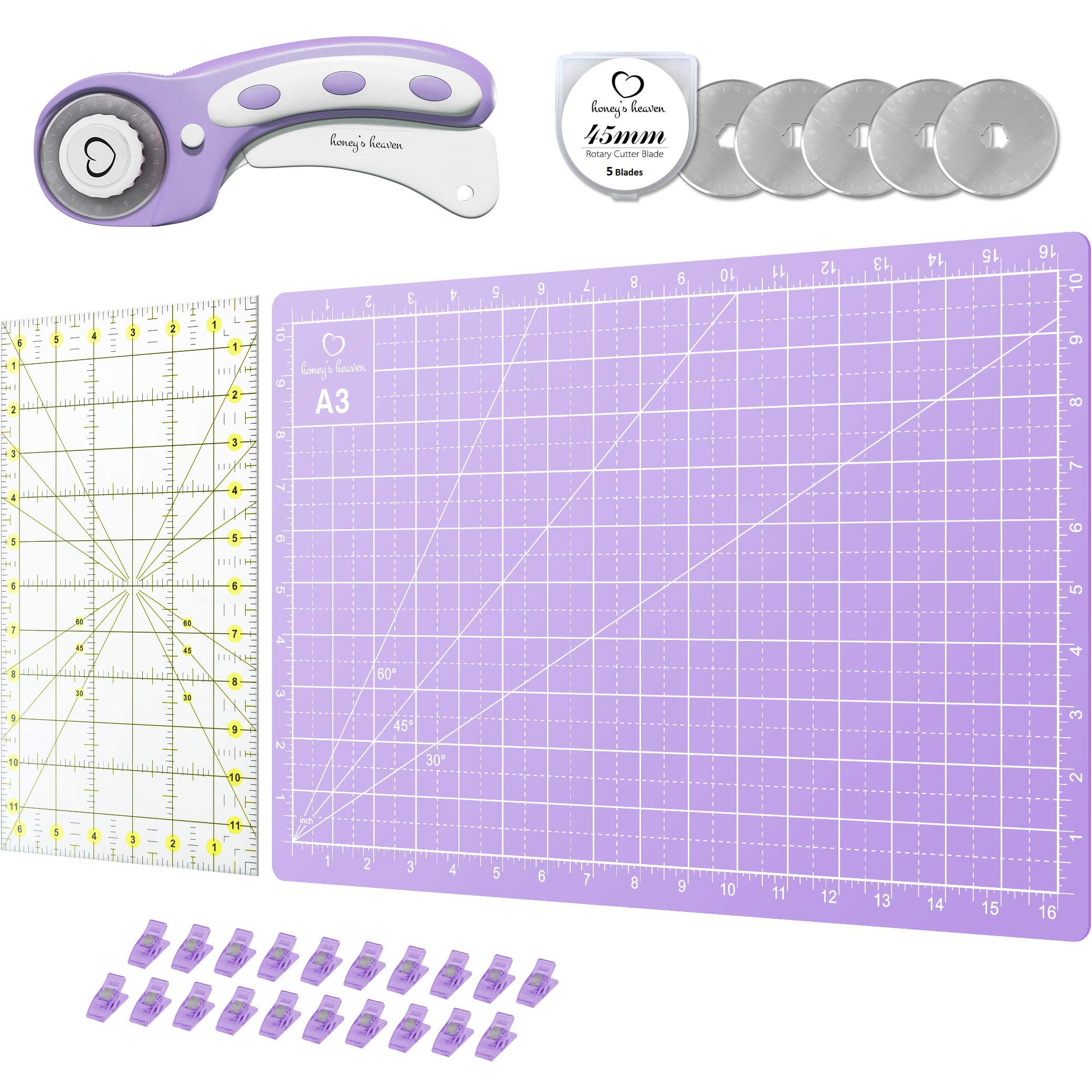 Rotary Cutter Set Lavender - Quilting Kit incl. 45mm Rotary Cutter, 5 Replacement Blades, A3 Cutting Mat, Acrylic Ruler and Craft Clips - Ideal for Crafting, Sewing, Patchworking, Crochet & Knitting