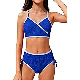 TALLWH Girls Bathing Suit Adjustable Straps Bikini Sets Color Block V Neck Two Piece Swimsuit with Back Cutout Bow Tie 9-16Y