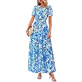 PRETTYGARDEN Women's 2026 Summer Boho Maxi Dresses Floral Short Sleeve V Neck A Line Tiered Flowy Long Beach Vacation Dress